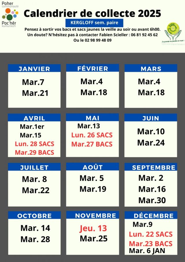 Calendrier de la collecte des poubelles année 2025